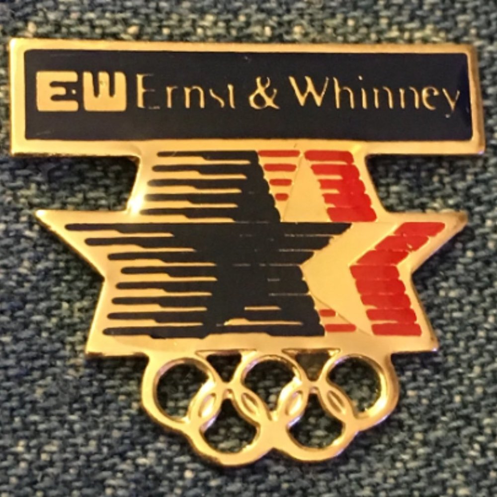 Ernst & Whinney Olympic Sponsor Pin ~ 1984 Los Angeles with Stars in Motion Logo